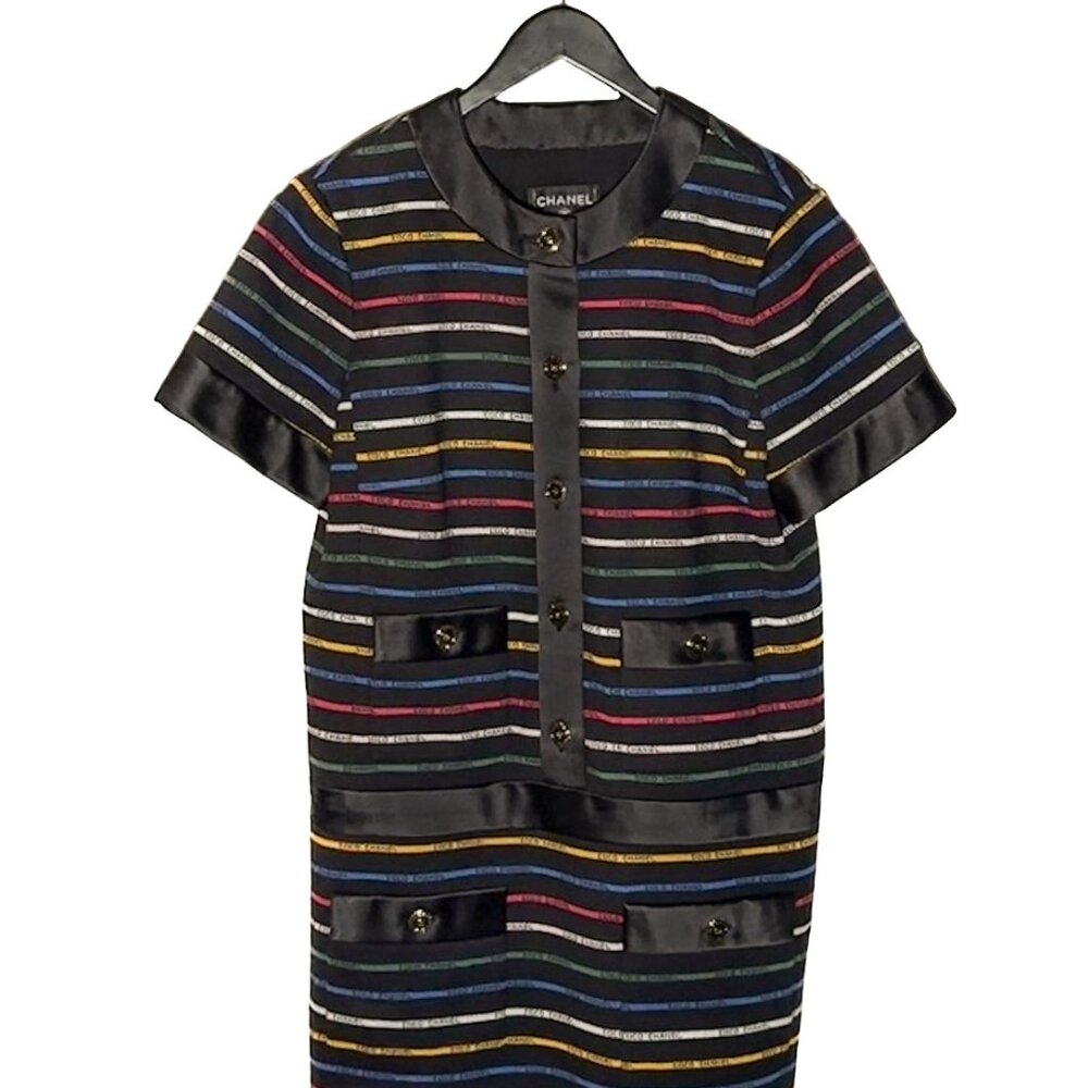 Chanel SS22 Runway Multicolour Striped Logo Black Mini Dress